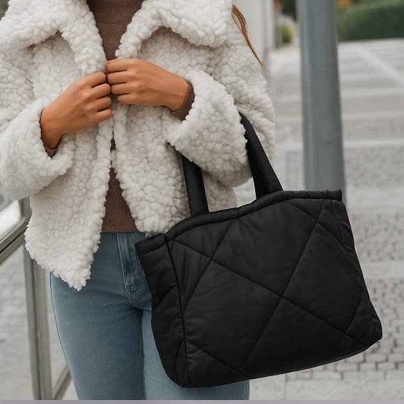 RINO & PELLE Puffer Faux Leather Quilted Shopper Tote Bag Black - Picture 3 of 14